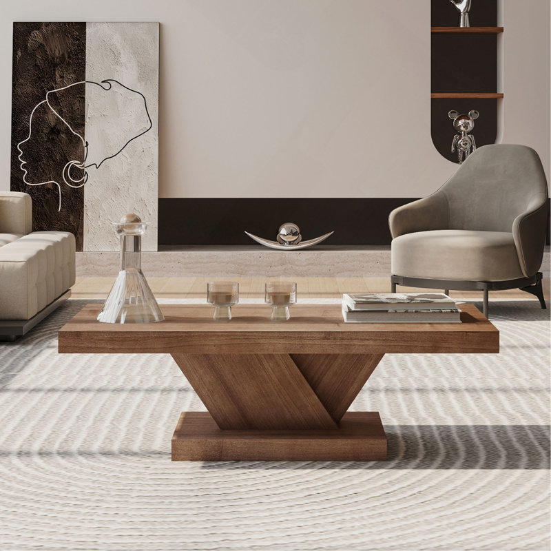 Table basse moderne de 47 po à pieds croisés, conception robuste en forme de X, placage en bois massif, grande table centrale de salon avec amplement d'espace de rangement