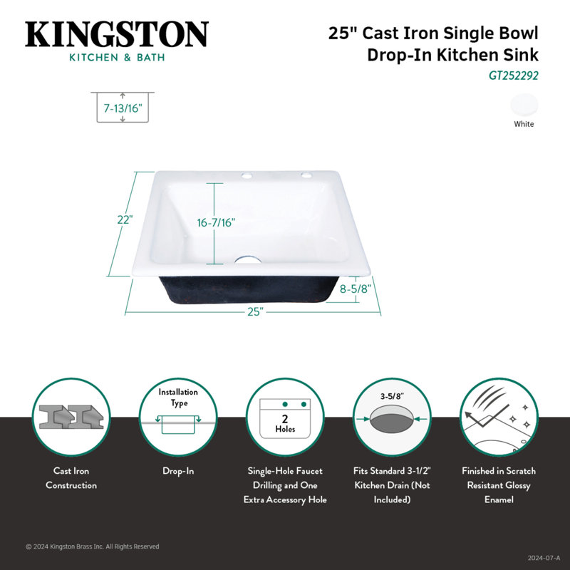 Kingston Brass Towne 25-Inch Cast Iron Self-Rimming Single Bowl Drop-In Kitchen Sink, 2 Holes