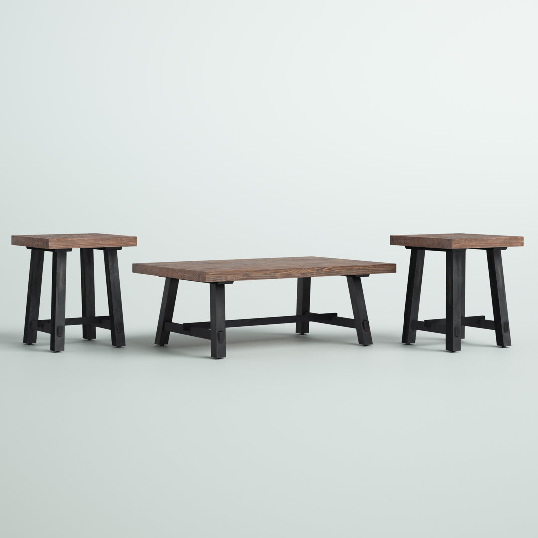 Adam 48" Wide Rustic Industrial Solid Wood 3 Piece Coffee Table Set With 2 Side Tables Steelside™