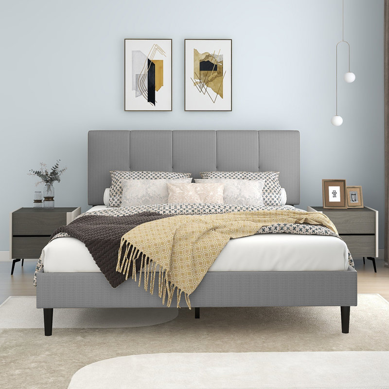 Dajai Upholstered Unfinished Platform Bed, Queen, Light Gray