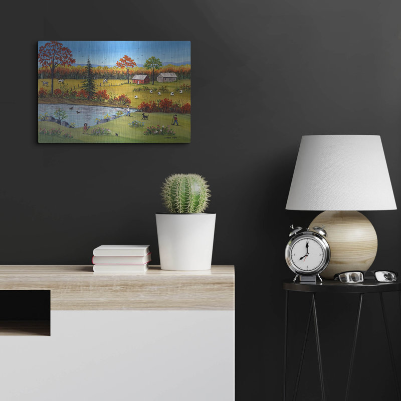 «Autumn by the Brook» par Sharon Mark, art mural en métal, 24 po x 16 po