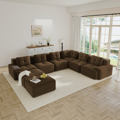 Canapé modulaire modulaire pour le salon, canapé d'angle à 6 places, grand canapé confortable en forme de V en velours côtelé avec 2 repose-pieds mobiles, passepoil perlé, conception capitonnée, sans assemblage, conception antidérapante, brun