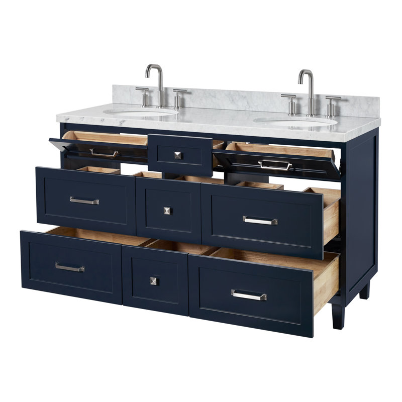 Ariel Monrow 61 Inch Double Oval Sink Bathroom Vanity With Italian Carrara Marble Countertop, Midnight Blue