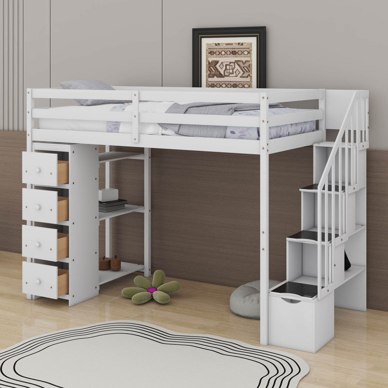 Twin Loft Bed With Storage Drawers,Desk And Stairs, White