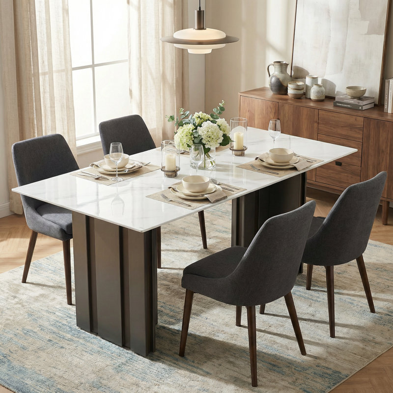 69.3" Modern Rectangular Dining Table with Tempered Glass Marble-Look Tabletop, Matte Brushed Metal Legs, White Marble Finish, Seats 4-6