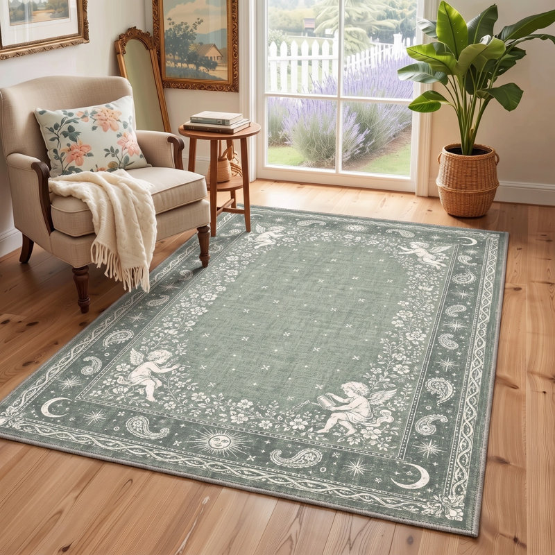 Tapis vert / ivoire lavable à la machine avec envers antidérapant, Rond 5 pi
