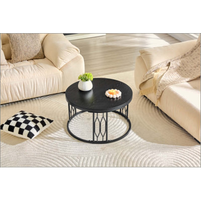 Table basse ronde en panneau de fibres à densité moyenne de 27,5 pouces de diamètre. Une table basse ronde pour le salon au design industriel rustique, avec des pieds en métal robustes et un assemblage facile.