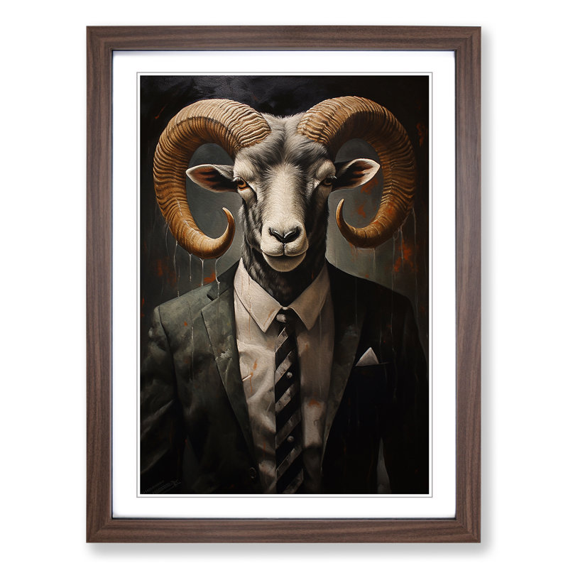 Ram Sheep in a Suit Painting - Framed Print, Walnut Framed, 34cm H x 25cm W x 2cm D