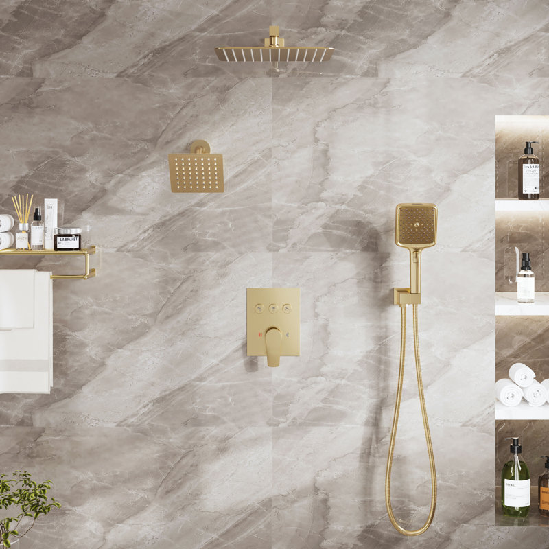 3-Function Dual Shower Head Pressure-Balanced Shower System With 4 Sprays Handheld, Brushed Gold
