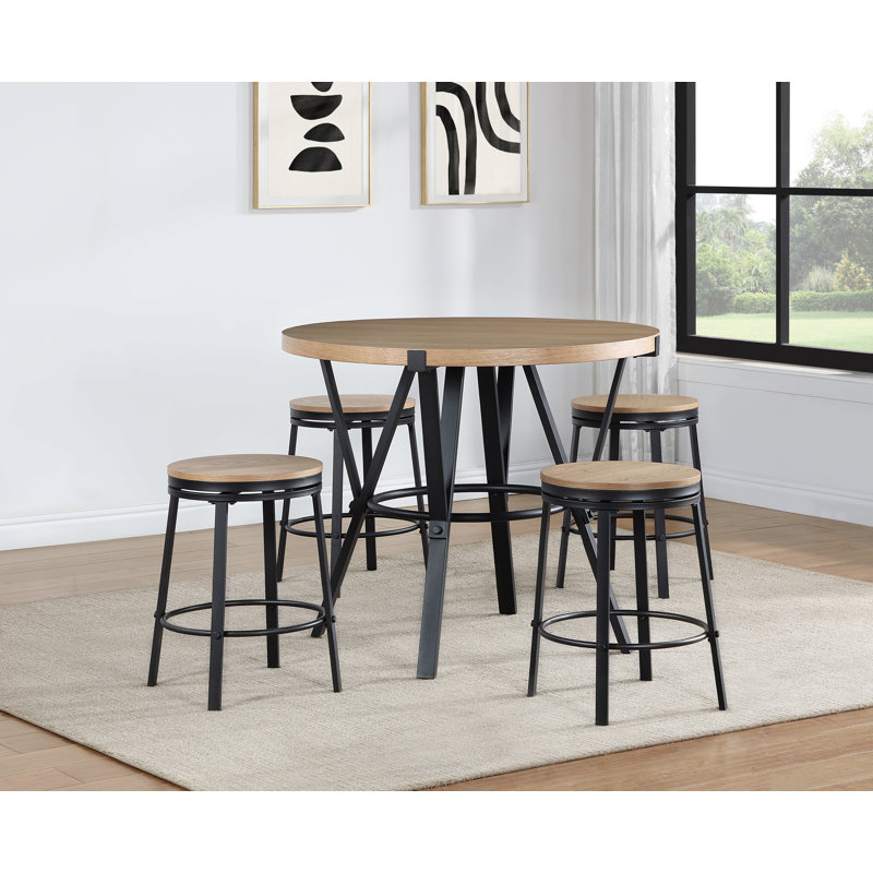 Bruce 42" W 5-Piece Solid Wood Top Dining Set with Swivel Stools, Brown, Brown