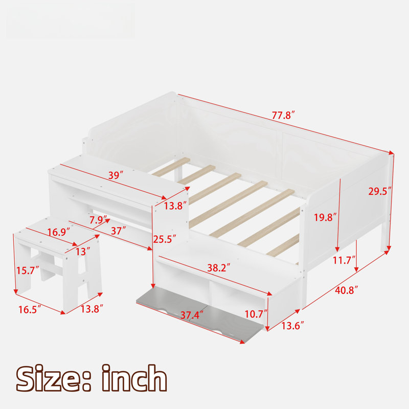 Archlebov Wooden  Daybed With Storage Shelves, Lockers, Study Desk And Matching Stool, White