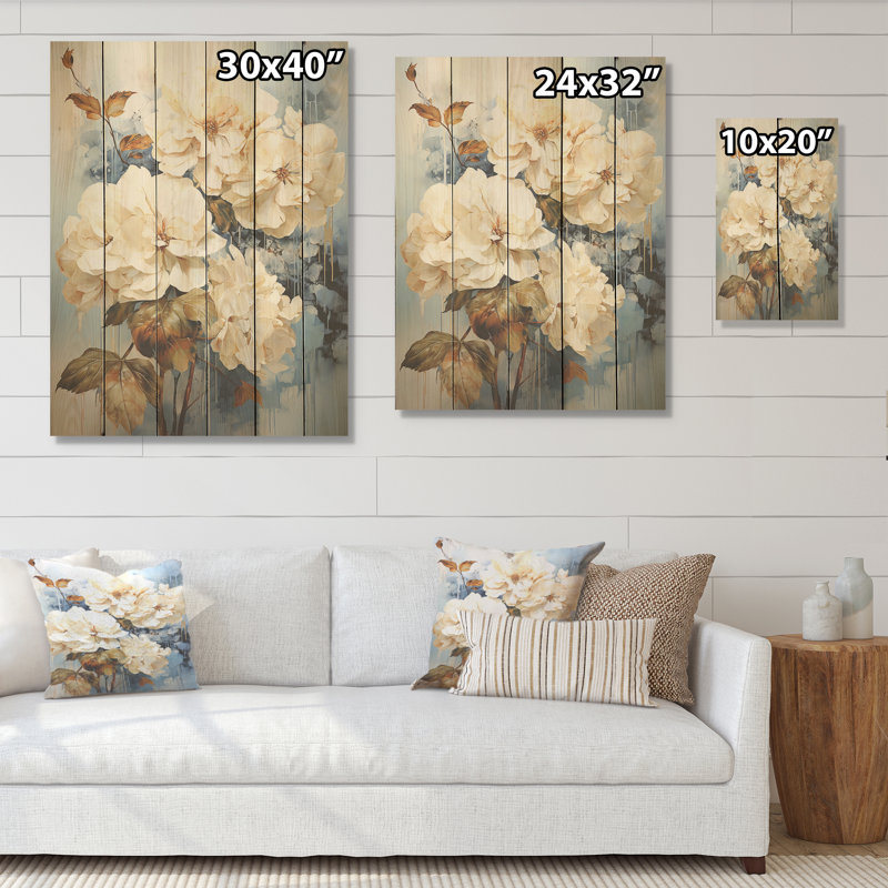 Minimal beige hydrangée grâce - hortensia, art mural sur bois de pin naturel, H 20 po x l 10 po