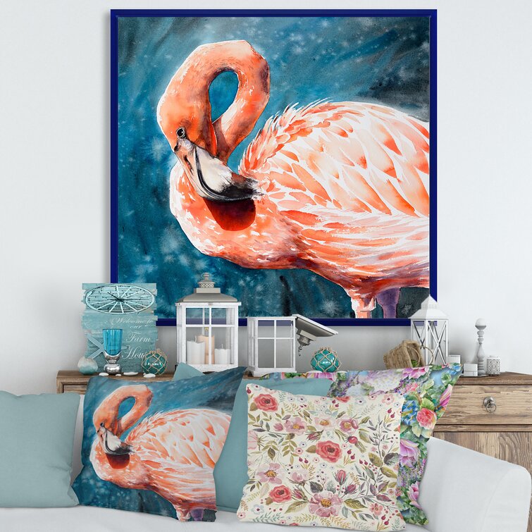 Pink Flamingos in Blue Water II - Floater Frame Print on Canvas East Urban Home Format: Blue, Size: 36 H x 36 W x 1.5 D
