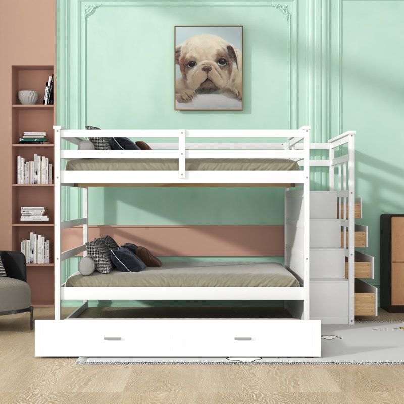 Hazlee Kids Full Over Full Bunk Bed with Trundle with Drawers, White