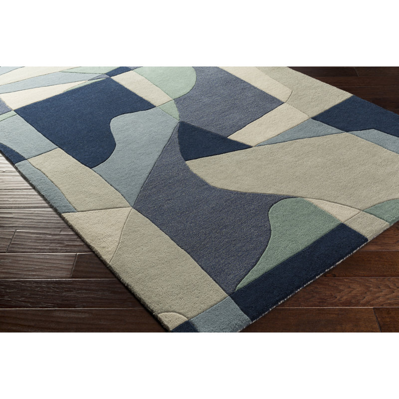Tapis bleu sarcelle / bleu marine / beige en laine touffeté à la main Gaye, Rectangle 12 pi x 15 pi
