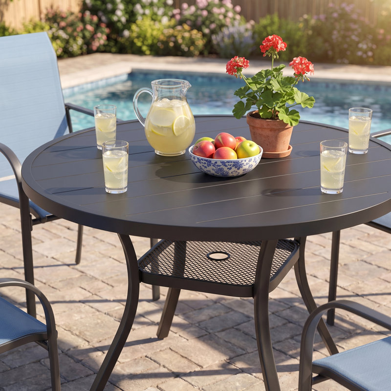 Malnar Round Metal 40.6" Outdoor Dining Table with Umbrella Hole, Black