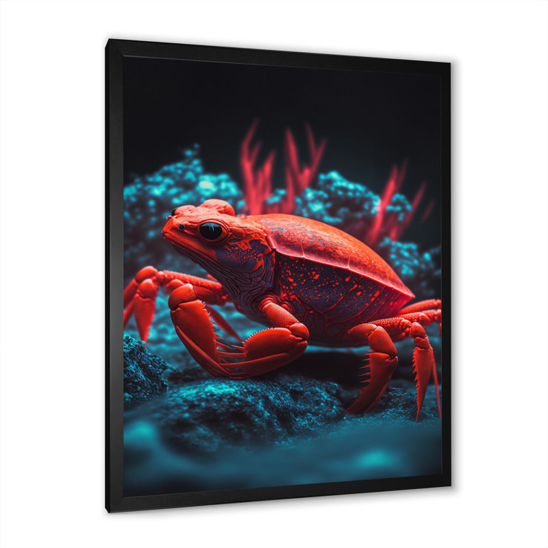 Crabe rouge Kayelyn dans des tons de noir et de bleu I - reproduction sur toile, L 12 po x H 20 po