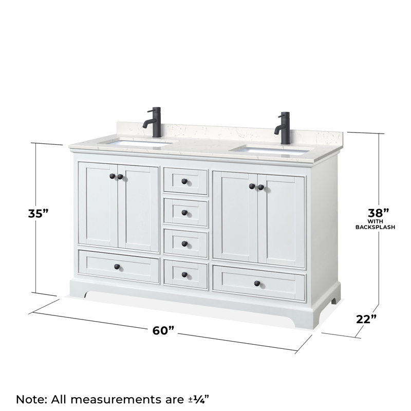 Deborah 60'' Double Bathroom Vanity with Marble Top, Carrara Cultured Marble, White, Matte Black