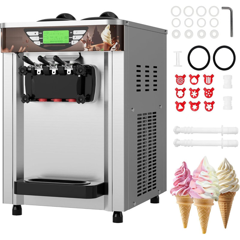 Machine à crème glacée commerciale 2000 W à 3 saveurs, machine de comptoir en acier inoxydable avec écran tactile de 5 po, trémies doubles de 6 L, sortie 22 à 30 L / H et autonettoyante pour les restaurants et les collations
