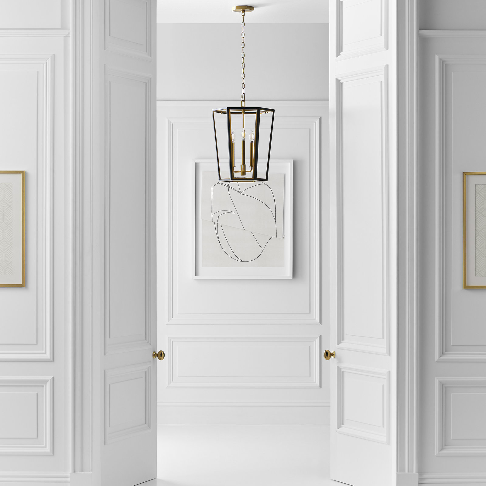 3 - Light Dimmable Lantern Chandelier, Midnight Black/Burnished Brass