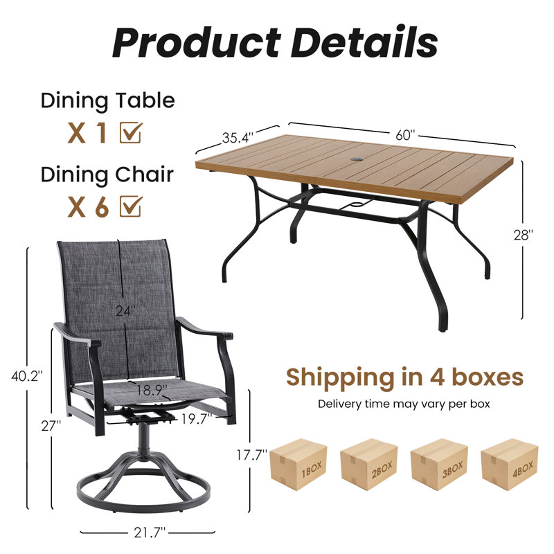 6 Person Outdoor Metal Table Swivel Dining Chair Set, Gray