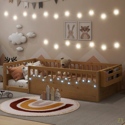 Structure de lit simple Montessori avec rails hauts, lits en bois pour enfants avec éclairage et tablette de rangement