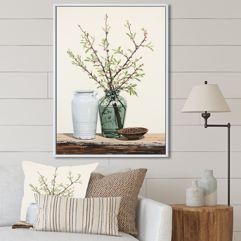 Fleur de poterie rétro - art mural fleurs, Cadre flottant blanc, H 40 po x l 30 po x P 1,5 po