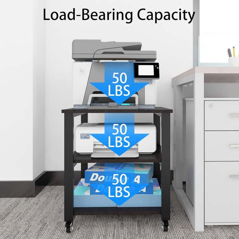 20" H x 19.7" W 3-Tier Laser Printer Stand with Storage Pinter desk Floor-Standing Rack on Wheels, Black