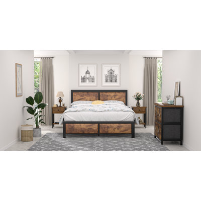Ensemble de chambre à coucher en bois Cadre de lit en bois, commode 5 tiroirs, ensemble de table de chevet