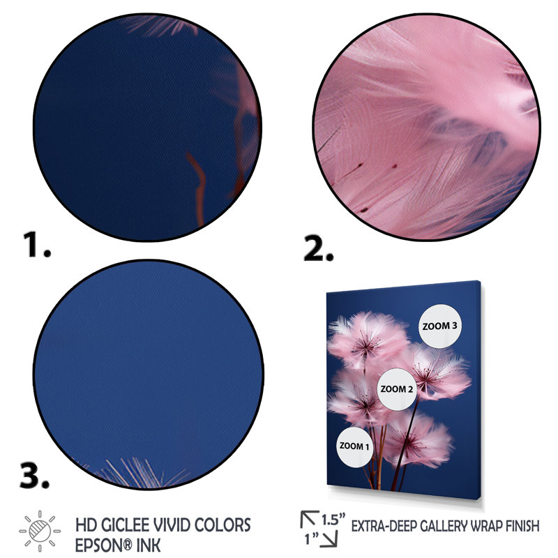 «Delicate Pink Dandelian Flowers On Blue Sky», reproduction sur toile, H 32 po x l 24 po x P 1 po, Cadre simple argenté