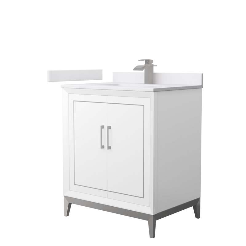 Ensemble de meuble-lavabo simple 30 po Marlena, Marbre de culture de Carrare, Blanc, Nickel brossé