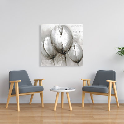 Trois tulipes blanches - toile grise contemporaine