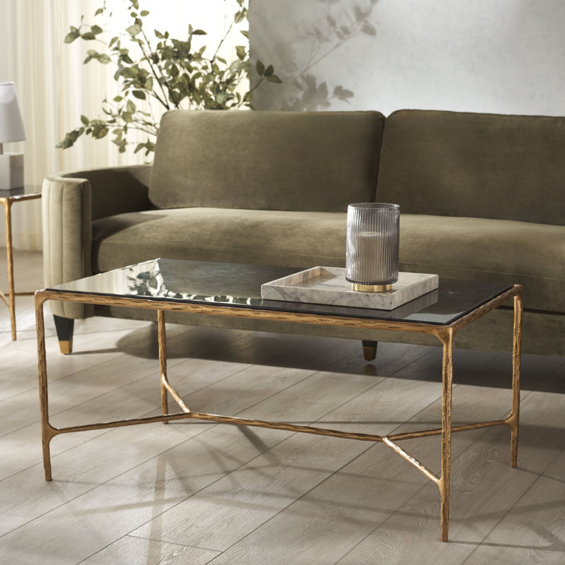 Table basse en fer Evelynn H 18 po x l 40 po, Laiton, Marbre noir