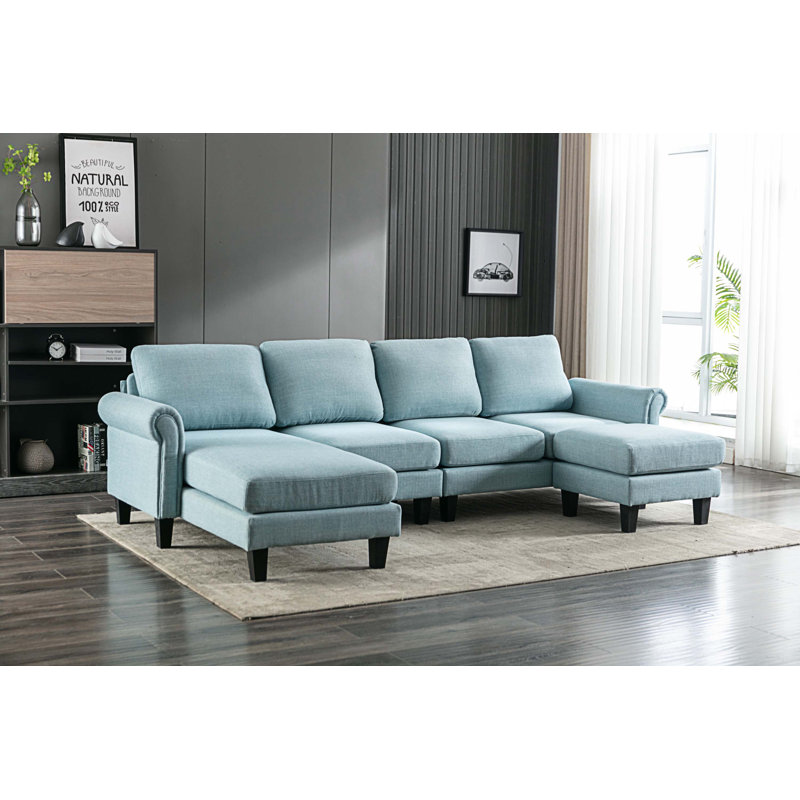 Aindrea Upholstered U-Shaped Sectional Symmetrical, Polyester Light Blue