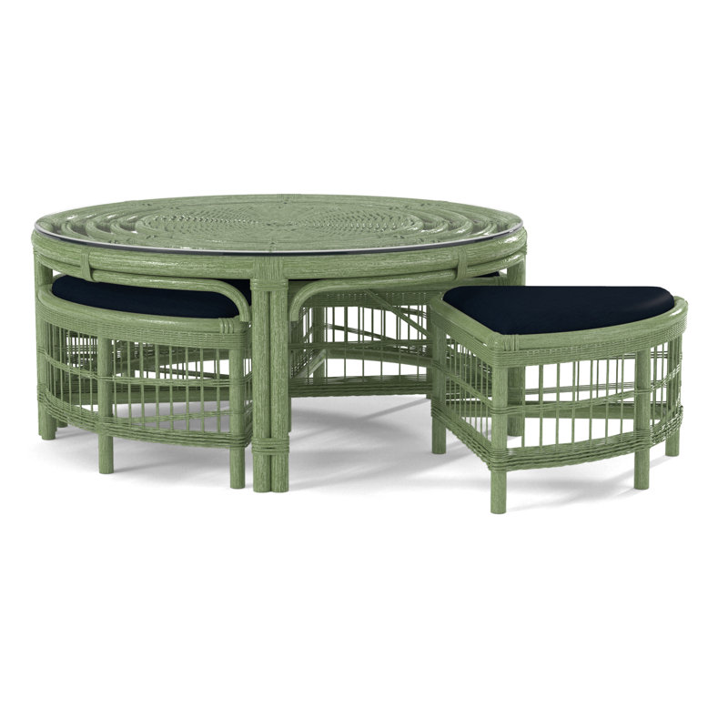 Raffles Rattan Cocktail Table with Benches, Celery, White Performance Fabric; 0851-94