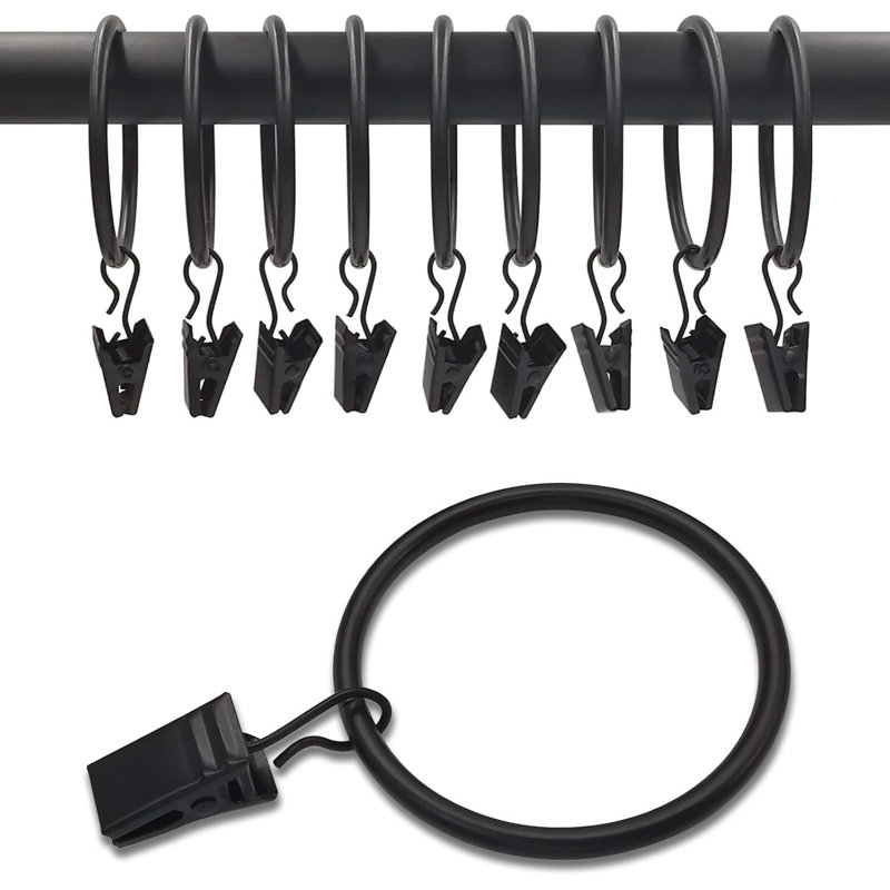 Paquet de 10 anneaux de rideau en métal pour une suspension facile, Noir, noir, noir, noir