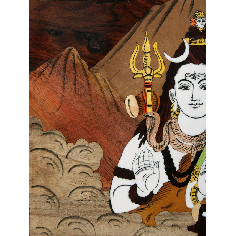 19 "Shiva et Parvati sur Kailash Mountain, couleur naturelle sur panneau de bois avec incrustations - Art mural traditionnel indien spirituel traditionnel