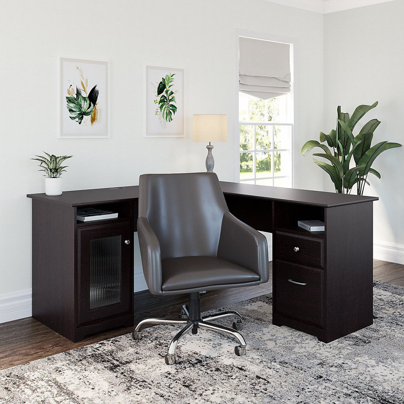 Ensemble de bureau et de chaise en L Shelonda, Chêne espresso