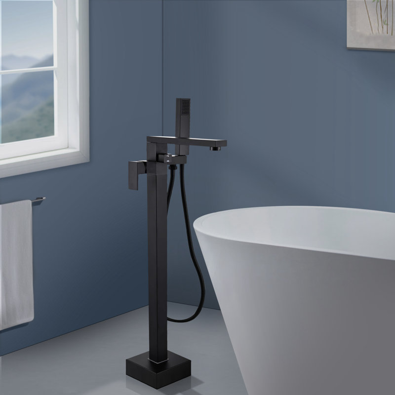Topcraft Floor Mounted Bathtub Filler With Handheld Showerhead, Matte Black