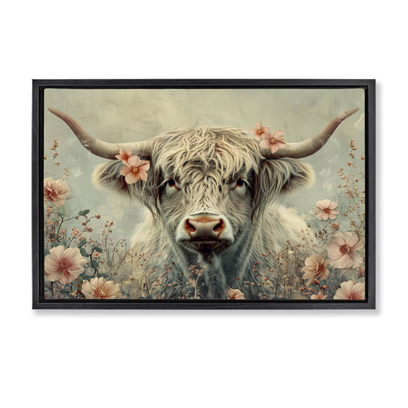  «Cow with Cherry Blossoms», toile flottante encadrée par LSR Design Studio, H 21 po x l 31 po, Cadre flottant noir de jais