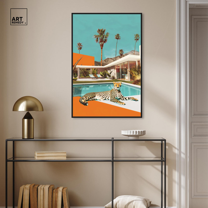 Art, art moderne, toile de tigre, guépard, Cadre flottant noir, H 37 po x l 25 po