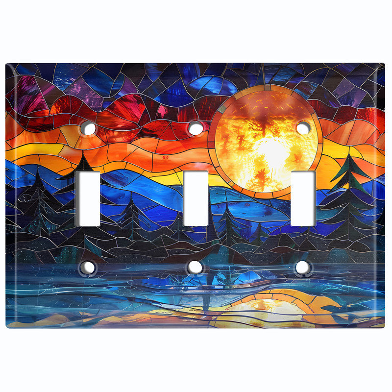 Plaque d'interrupteur en métal ; interrupteur à bascule triple, taille standard américaine – Impression d'un coucher de soleil sur vitrail