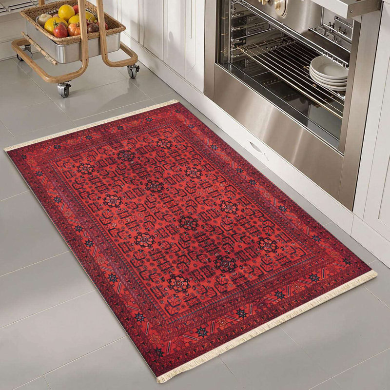Deep Crimson Geometric Traditional Kitchen Rug