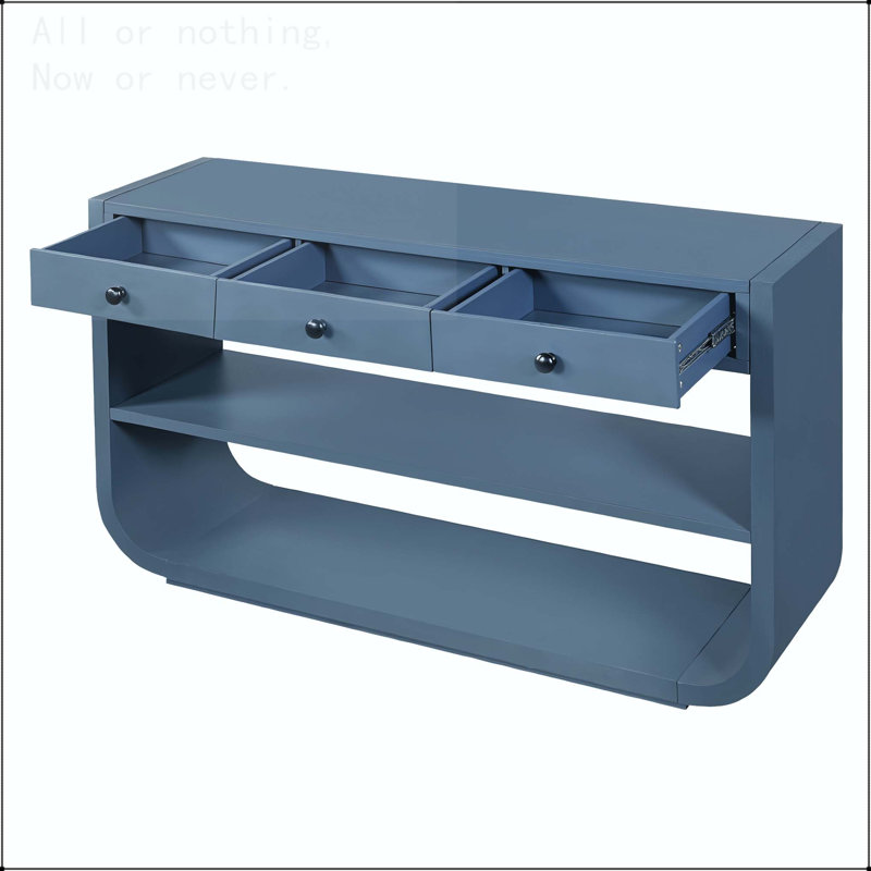 Console moderne avec 3 tiroirs à fermeture en douceur et 2 tablettes ouvertes, Bleu