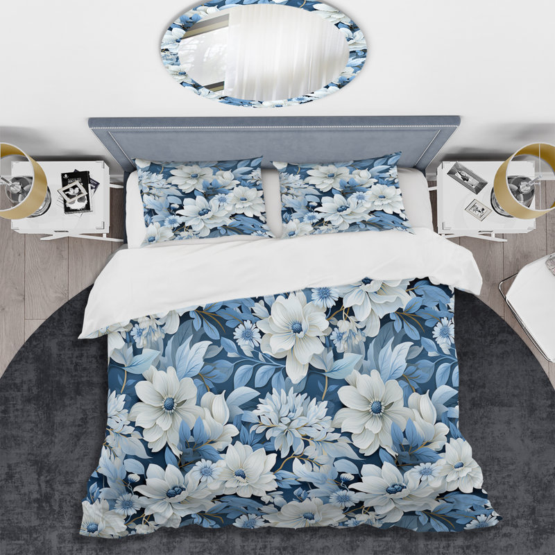Ensemble de housse de couette à motif floral bleu et blanc III, Housse de couette pour très grand lit et 2 très