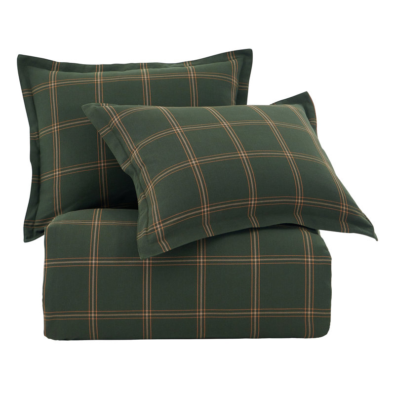Windowpane Plaid Classic Modern Rustic Cotton Comforter Set, King Comforter + 2 King Shams, Green/Orange
