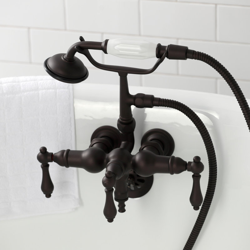 Kingston Brass Vintage Three-Handle 2-Hole Tub Wall Mount Clawfoot Tub Faucet with Hand Shower, Oil Rubbed Bronze