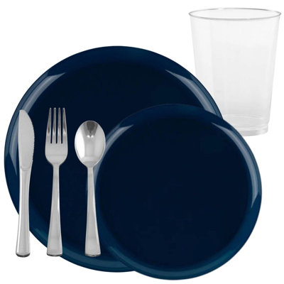 Chenier Elegant Dark Blue Disposable 140Pcs Plastic Dinner Tableware COMBO Set for 20 Person Serving