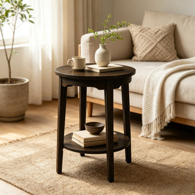 Table d'appoint ronde moderne de 48 cm (19 po) avec pieds en bois de peuplier, panneau uni brun foncé, aucun assemblage requis, idéale pour le salon, un appartement ou une chambre d'étudiant.