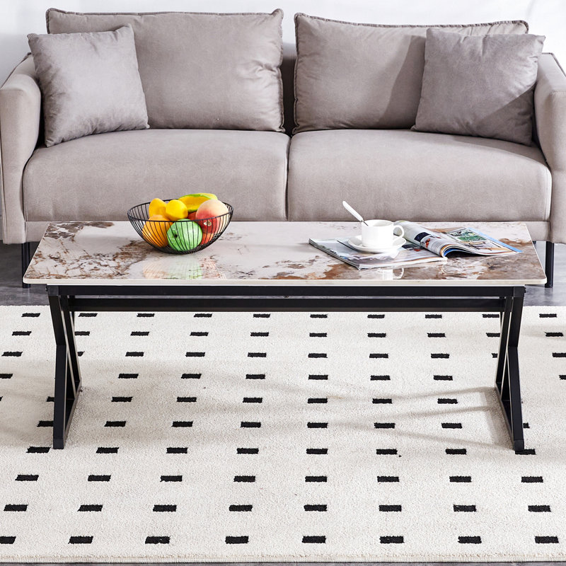 Table basse en pierre frittée à la mode avec plateau de table élégant en métal et pieds noirs, 47 x 23,6 po, facile à nettoyer et à entretenir